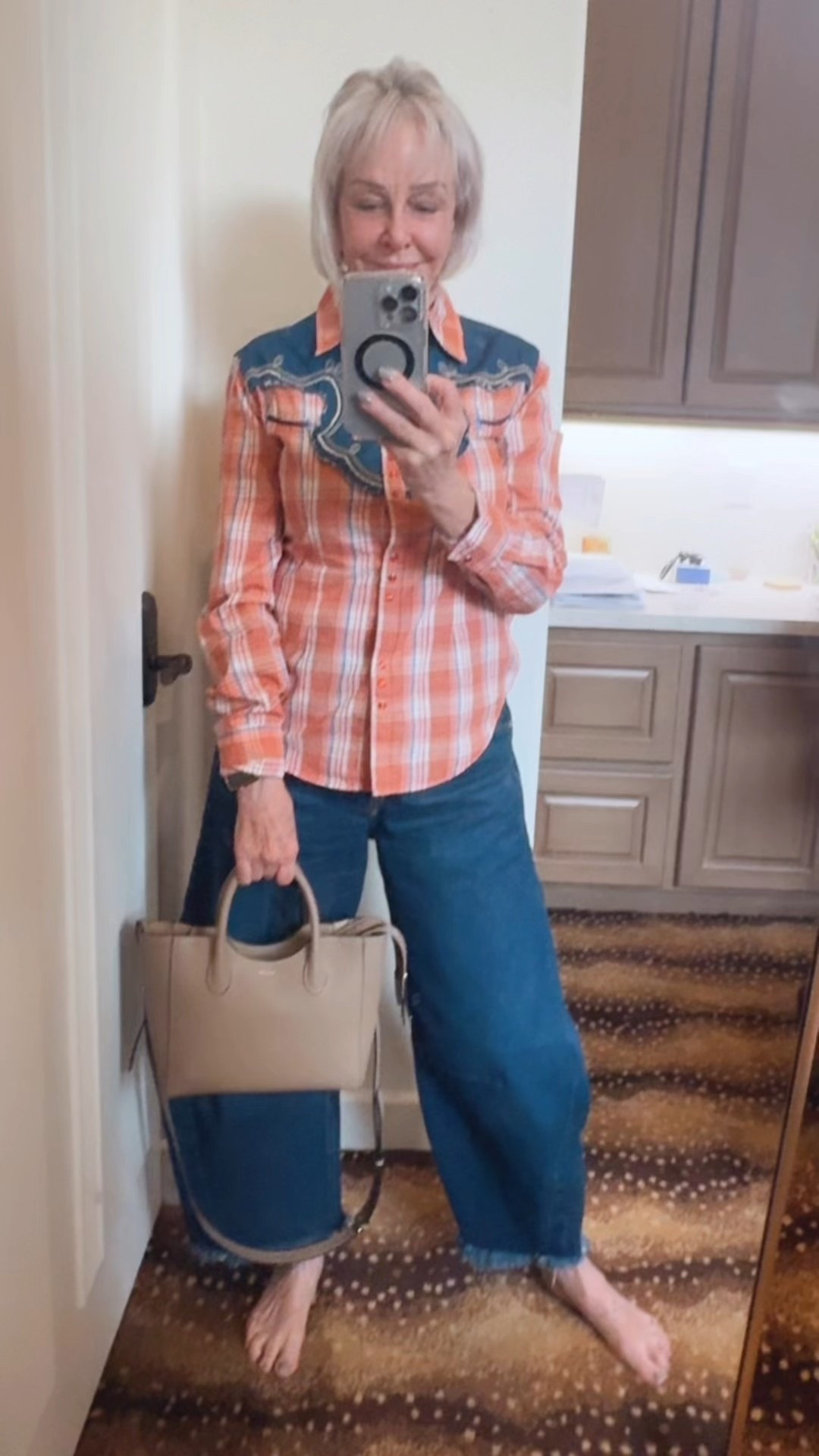 All leather Lilly Sat hel bag by Allyn. Perfect for every day. I love the neutral color that goes with everything 
AG barrel jeans on sale 
Wester wear shirt 

#LTKStyleTip #LTKItBag #LTKOver40