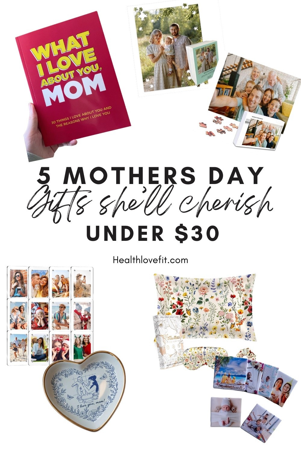 I’ve compiled a list of 5 gift ideas mom will love that are under $30. Some of these are customized so be sure to get them early, so you get them in time. 

1. What I love about you mom journal. Take some time, maybe get crafty and fill this journal in with all the things you love about her. It’s a sentimental gift she’ll always keep! 

2. Custom photo puzzles!! These are so cute I picked 2 options the wooden and regular ones. Better yet plan for her to have an afternoon with her fave beverages like her wine or tea (which you can also gift her like an experience) and give her some quiet time to actually do the puzzle. 

3. A luxurious silk pillowcase with sleep mask set. Because mama deserves some luxury that feels amazing and makes you look fab too. I picked the flowers bc it’s so pretty but they do have other prints.

4. Custom photo magnets! You can DIY them yourself or just get them made. I love giving these, bc she’ll see it everyday! 

5. A custom photo trinket tray. It’s great for keys or jewelry, and it’s so cute! 

I wrote a lot more tips on these gifts on my blog healthlovefit.com. So check it out!! 

Tags: Mother’s Day gifts, Mother’s Day gift ideas, Mother’s Day gift ideas under $30c Mother’s Day ideas 

#LTKSeasonal #LTKmomlife #LTKspring