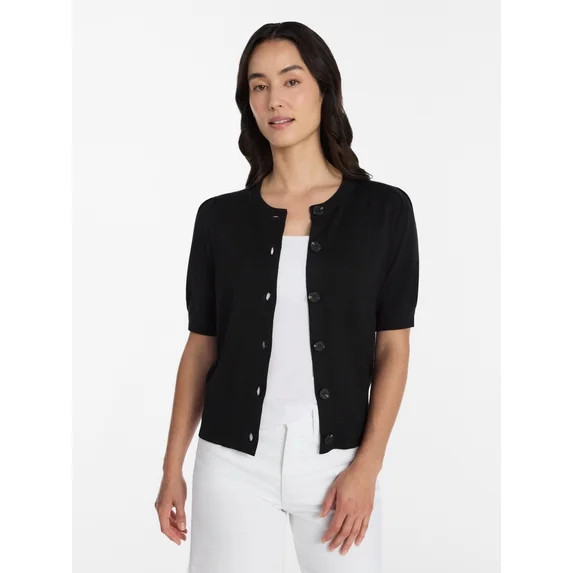 Time and Tru Women's Crewneck Cardigan with Short Sleeves, Lightweight, Sizes XS-XXXL | Walmart (US)