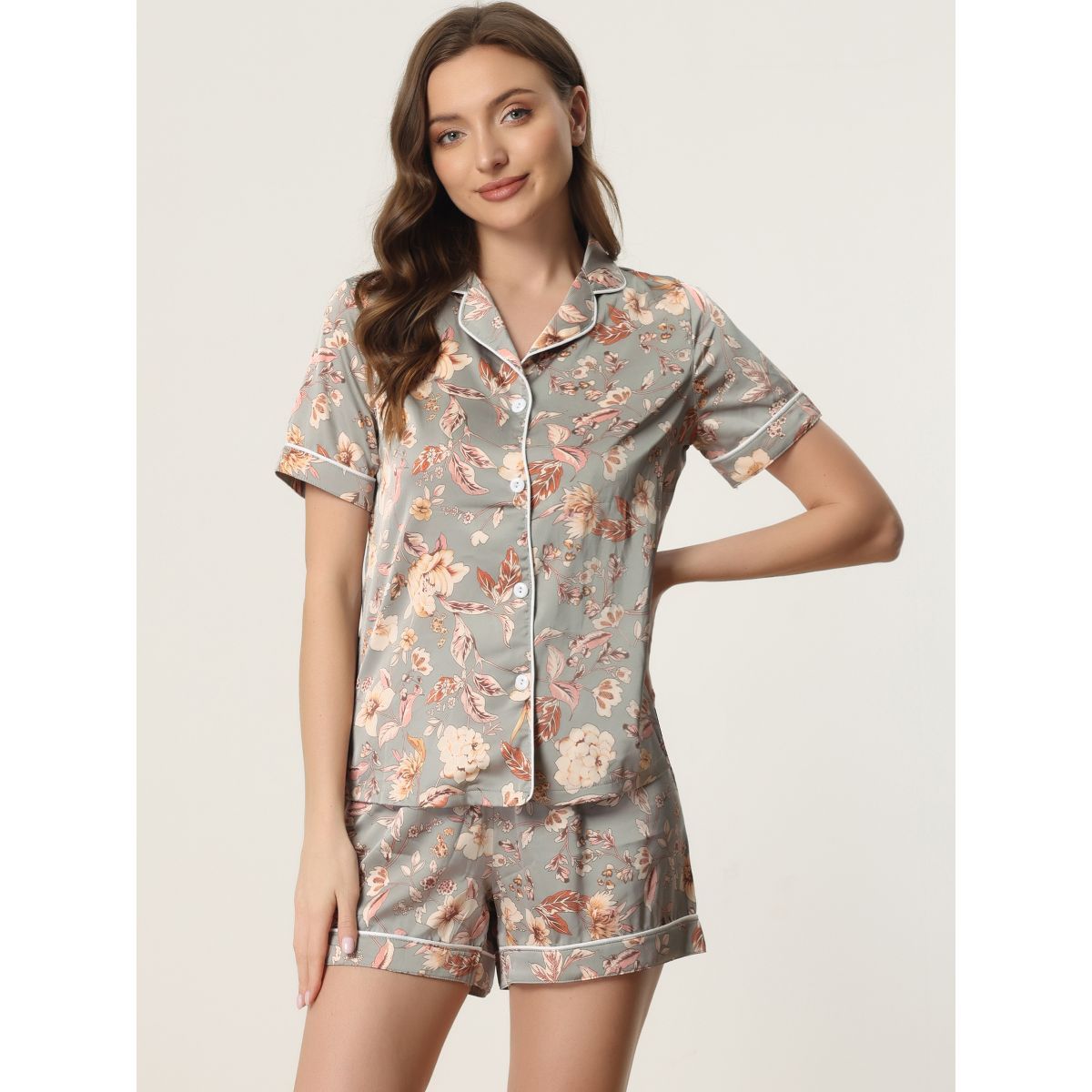cheibear Women's Floral Button Down Shirt with Shorts Satin Pajamas Sets | Target