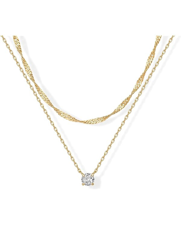 PAVOI 14K Gold Plated Twisted Singapore Chain Layering Choker with Round Solitaire and Serpentine... | Amazon (US)