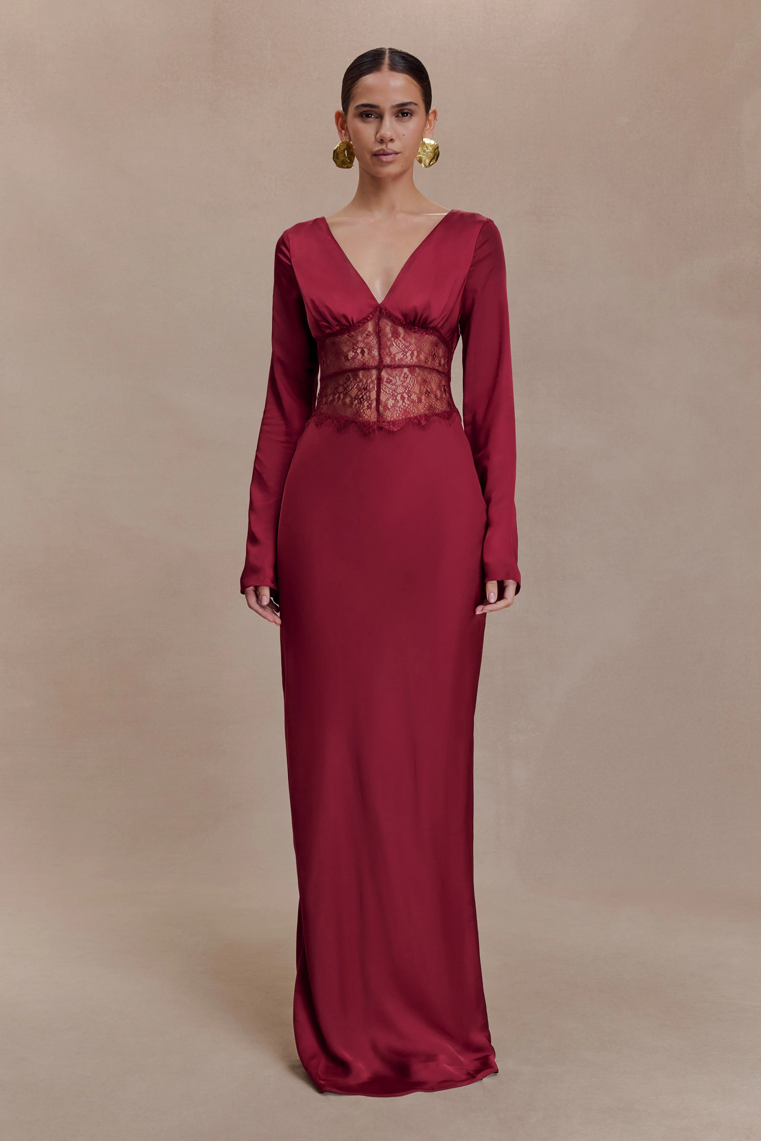 Kaya Long Sleeve Satin And Mesh Maxi Dress - Wine | MESHKI US