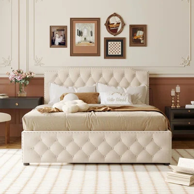 Upholstered Platform Bed With Trundle And 2 Sets Of USB Ports On Each Side, Linen Fabric | Wayfair North America