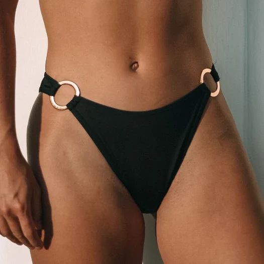 The Mykonos - Black Sporty Bikini Bottom - Gold Rings | Kenny Flowers