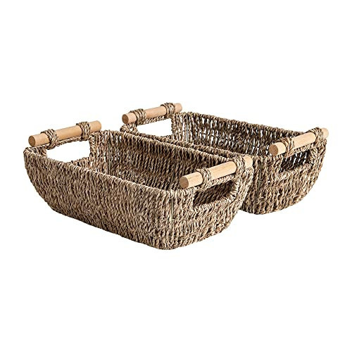 StorageWorks Small Baskets for Shelf, Seagrass Woven Basket with Wooden Handles for Gifts, 2-Pack | Amazon (US)