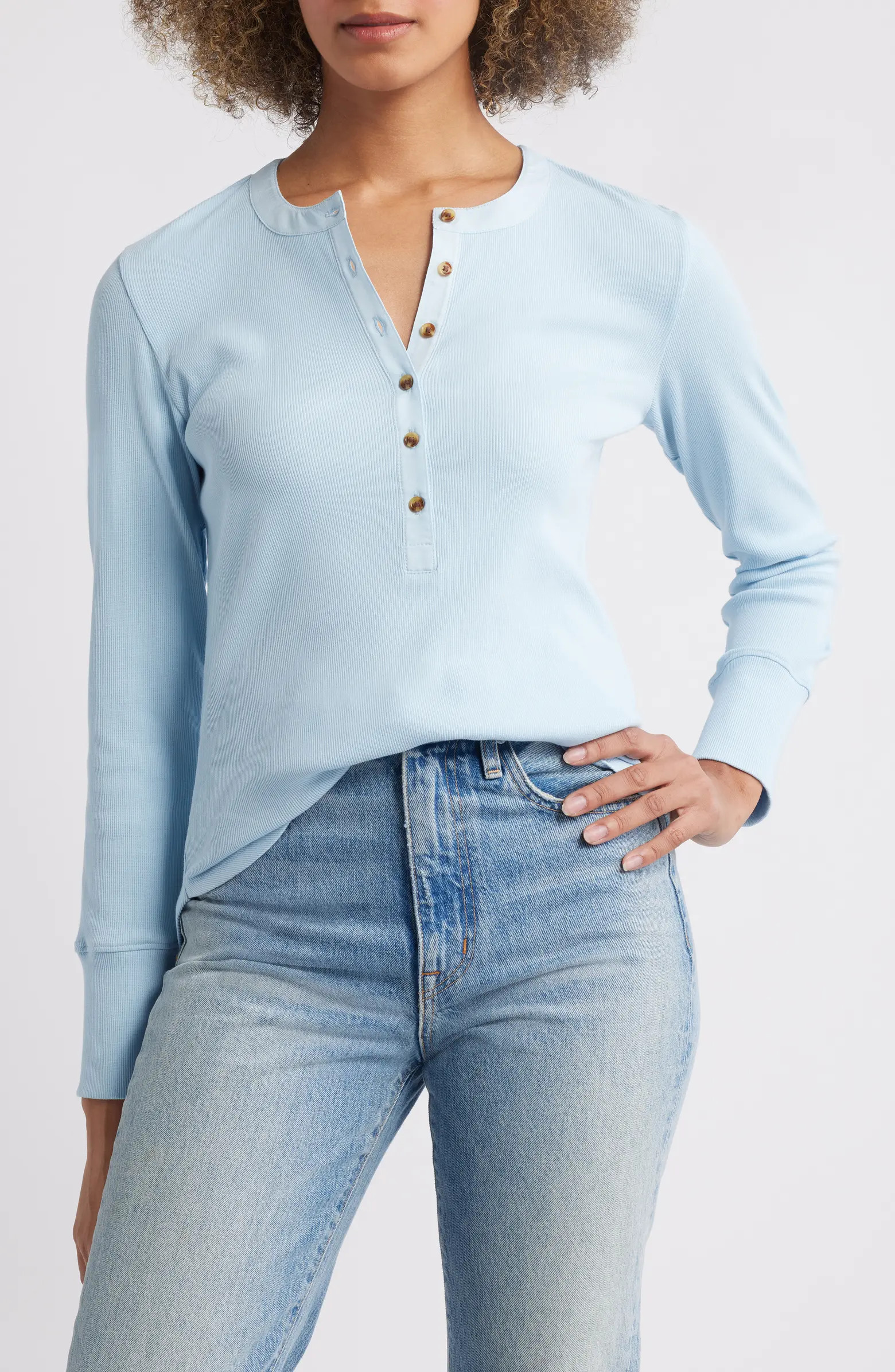 Caslon® Mixed Media Long Sleeve Henley Top | Nordstrom | Nordstrom
