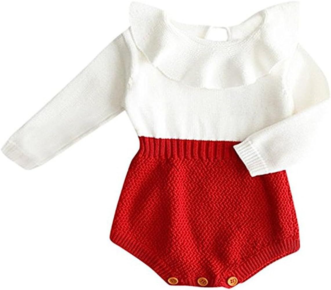 Urkutoba Baby Girls Romper Knitted Ruffle Long Sleeve Jumpsuit Baby Kids Girl Romper Autumn Winter C | Amazon (US)