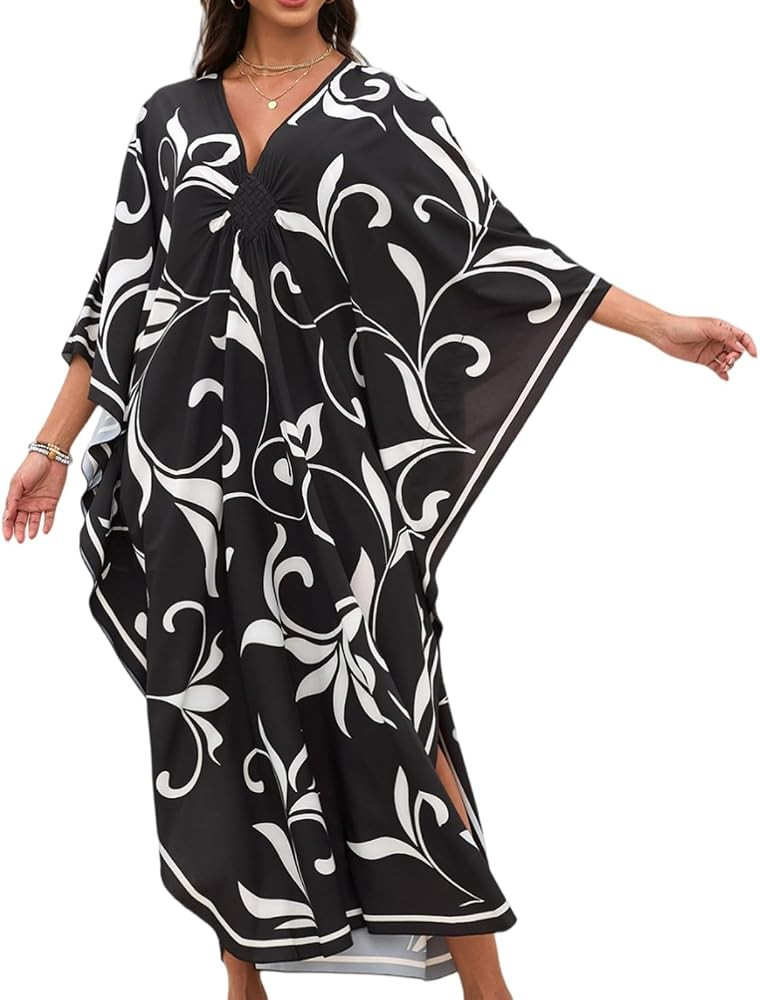 Kenvina Print Moo-Moos for Women Kaftan Cover-Up Dresses Sexy V-Neck High-Slit Beach Pool-Party C... | Amazon (US)
