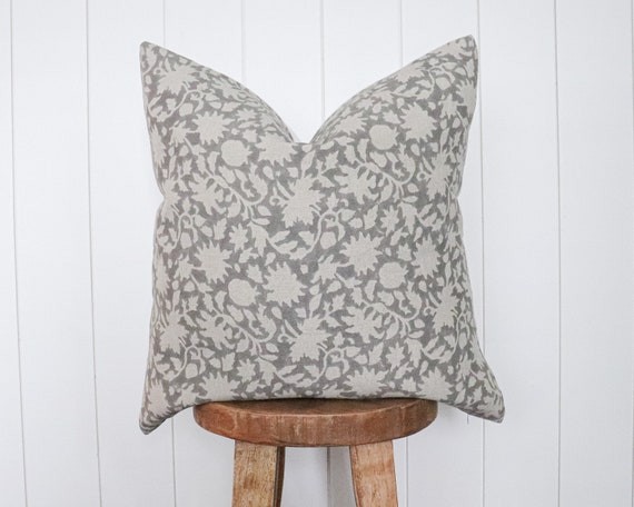Soft Gray Floral Handblock Linen Pillow Cover  Natural Flax | Etsy | Etsy (US)