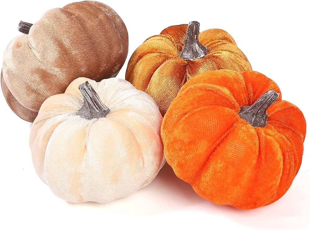 4pcs Velvet Fake Pumpkins Fall Harvest Fabric Foam Pumpkin Thanksgiving Halloween Decor for Table... | Amazon (US)