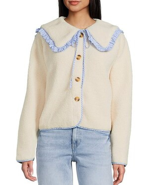 Button Front Long Sleeve Sailor Collared Sherpa Jacket | Dillard's