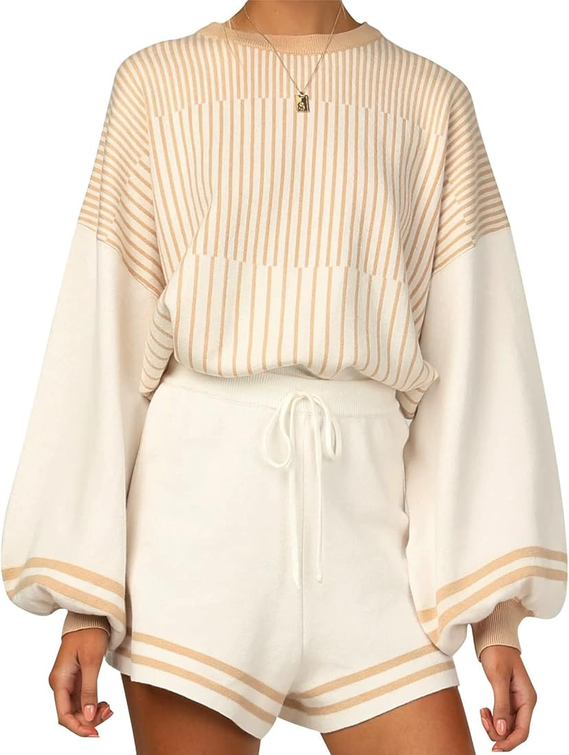 COZYPOIN Women's 2 Piece Outfits Striped Knit Crewneck Pullover Sweater Shorts Set with Drawstrin... | Amazon (US)