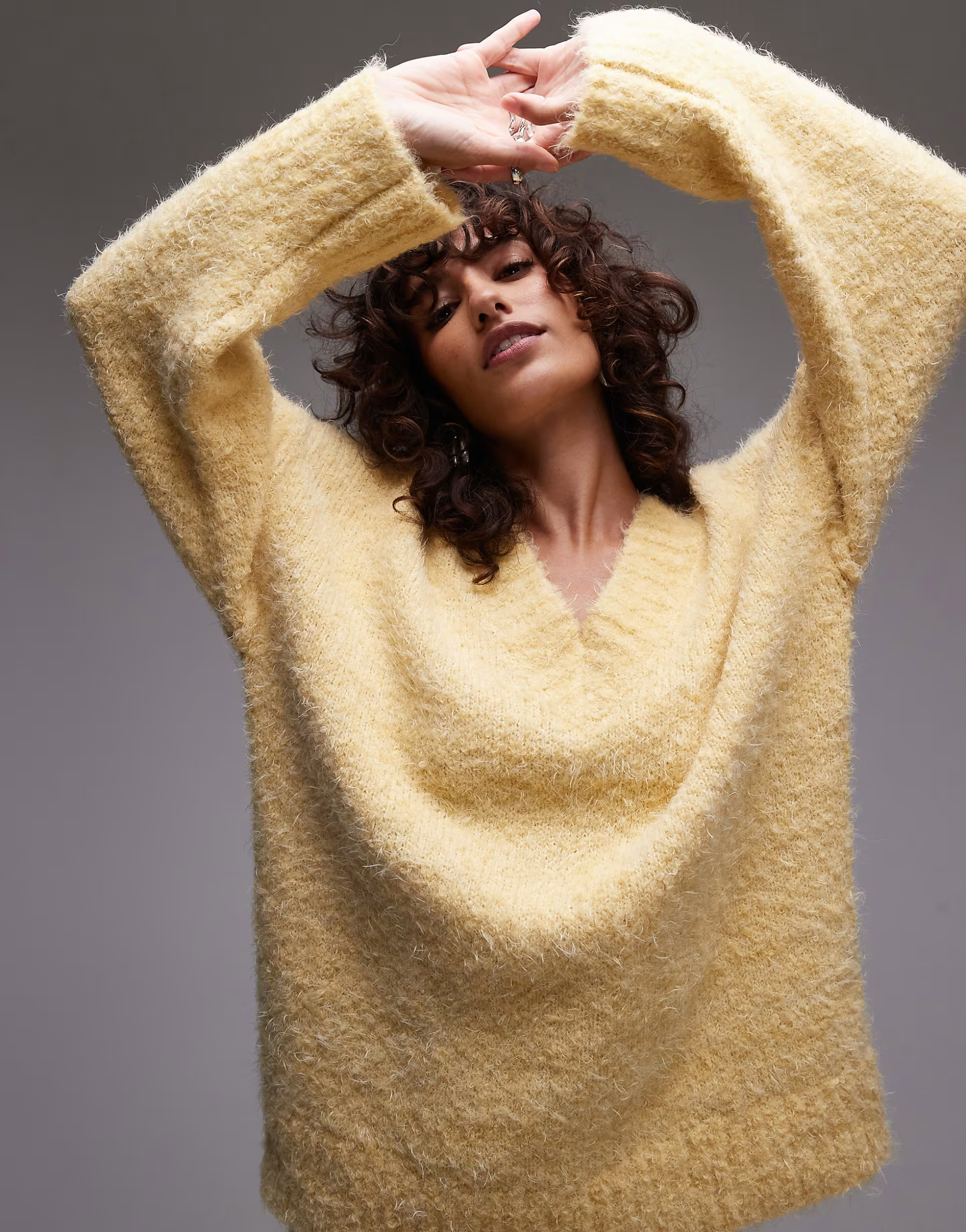 Topshop knitted co-ord v-neck fluffy oversized jumper in lemon | ASOS (Global)