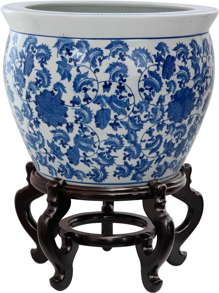 Oriental Furniture 20" Porcelain Fishbowl Blue & White Floral | Amazon (US)