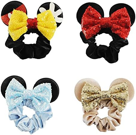 4 Pcs Minnie Mouse Ears Mickey Ears Velvet Scrunchies Sequin Bows Hair Bands Ponytail Hair Ties H... | Amazon (US)