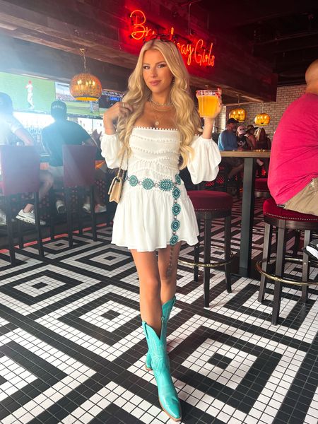 Nashville outfit. White dress. Summer country concert outfit. Lucchese. Turquoise boots 

#LTKshoecrush