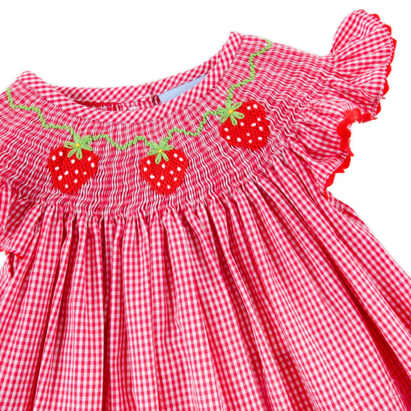 Strawberry Smocked Red Gingham Angel Sleeve Bloomer Set | Classic Whimsy