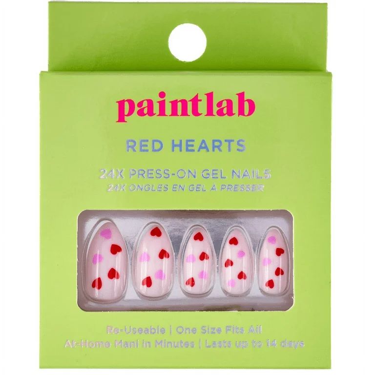 PaintLab Red Hearts Reusable Press-On Gel Fake Nails Kit, Almond Shape, Red and Pink, 24 Count | Walmart (US)
