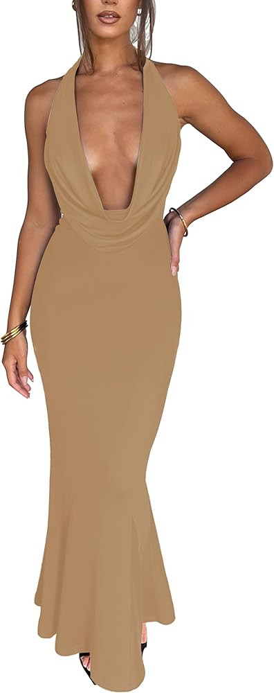 LuFeng Women's Sexy Sleeveless Summer Dress Backless Deep V Neck Halter Bodycon Maxi Party Dress | Amazon (US)