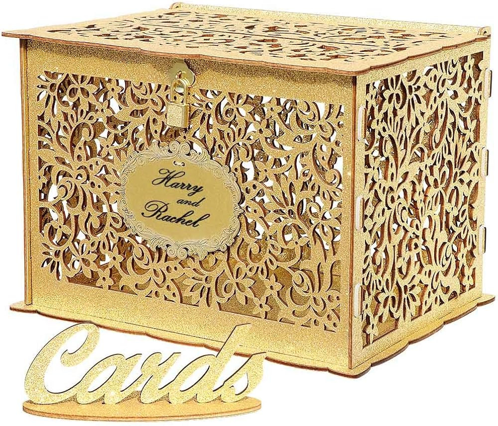 OurWarm Glittery Gold Wedding Card Box with Lock, Wood Gift Card Box for Wedding Reception, Weddi... | Amazon (US)
