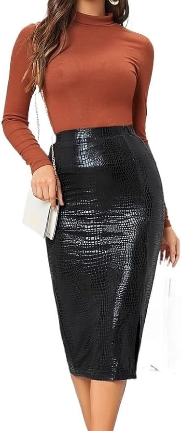 Women's Basic Faux Crocodile Leather Slit Pencil Midi Skirt Split Party High Waist Casual Skirts | Amazon (US)