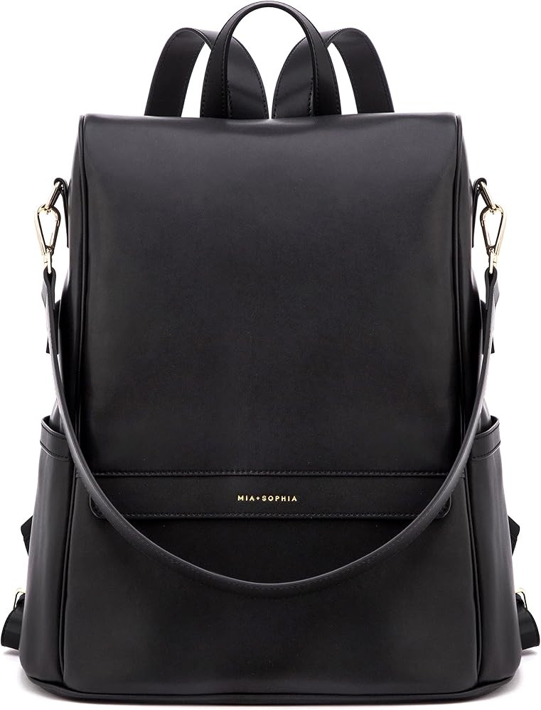 Leather Diaper Bag Backpack with Changing Pad, Stroller Straps, Bottle Holder (Black Mia) | Amazon (US)