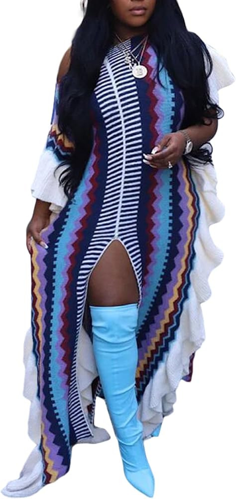 SOMTHRON Women's Striped Sweater Maxi Dress Ruffle Short Sleeve Boho Color Block High Split Ribbe... | Amazon (US)