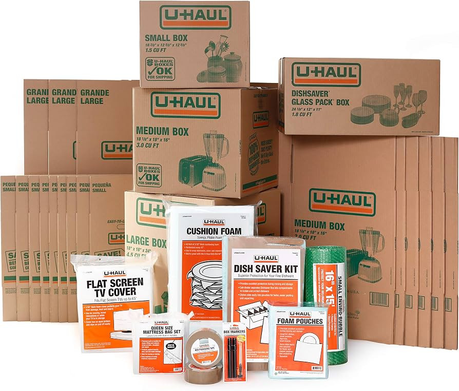 U-Haul Apartment Moving Kit - 21 Boxes, 1 Dish Packing Kit, Foam Pouches, Tape, Mattress Bag, TV ... | Amazon (US)