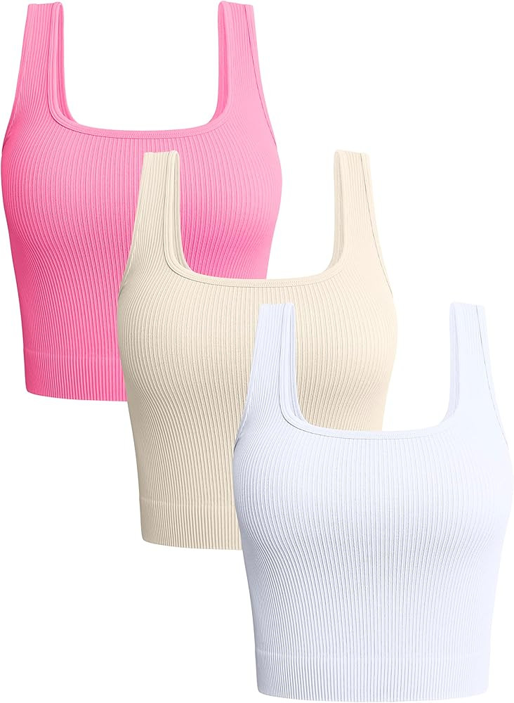 OQQ Women's 3 Piece Tank Tops Ribbed Seamless Workout Exercise Shirts Yoga Crop Tops | Amazon (US)
