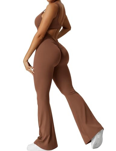 YEOREO Women Sleeveless Flare Jumpsuits Sexy Backless Scrunch Butt V Back Yoga Jumpsuit Caramel Brown L | Amazon (US)