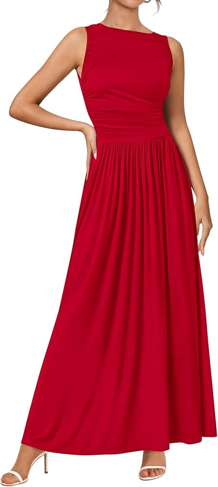 BTFBM Women's Summer Maxi Dress 2025 Sleeveless Crew Neck High Waisted Ruched Tank Flowy Long For... | Amazon (US)