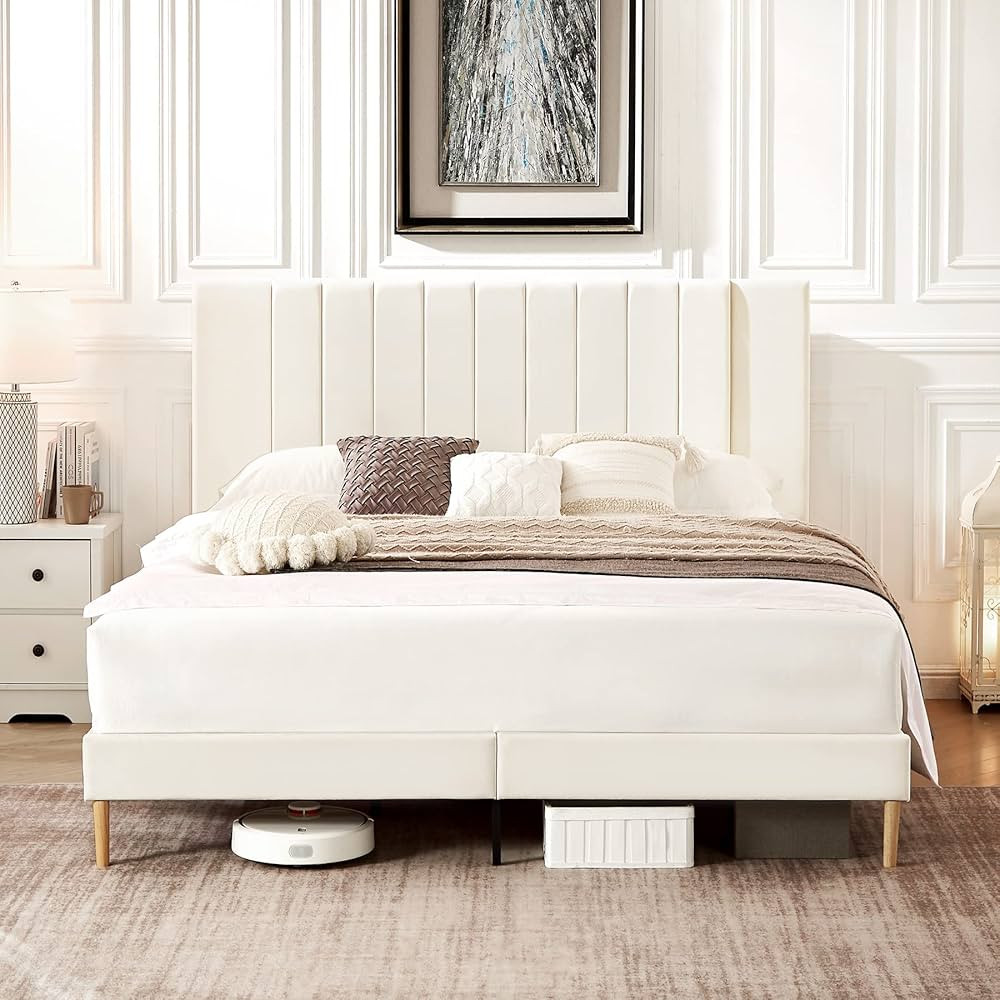 Flolinda Full Size Platform Bed Frame with Velvet Upholstered Headboard and Wooden Slats Support,... | Amazon (US)