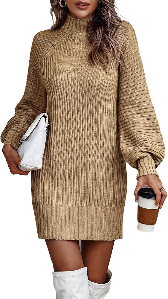 Melliflo Women's Turtle Mock Neck Sweater Dress Lantern Sleeve Stretch Slim Fitted Bodycon Knit S... | Amazon (US)