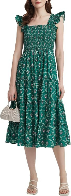 Ladyful Women's Summer Smocked Midi Dress Floral Sleeveless Spuare Neck Sundress Strap Boho A-Lin... | Amazon (US)