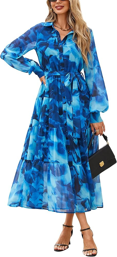PRETTYGARDEN Womens Spring Dress 2026 Casual Long Sleeve Button Down Belted Boho Floral Flowy Max... | Amazon (US)