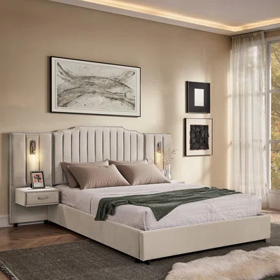 King Size Upholstered Platform Bed With Integrated Bedside Table, Velvet Fabric, Vertical Stripe Headboard And Adjustable Lighting. | Wayfair North America