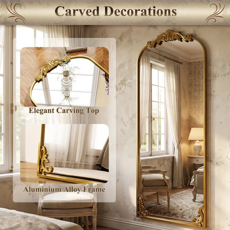 BEAUTYPEAK 72"x24" Full Length Mirror with Baroque Flower Head Design Wall-Mounted Mirror,Gold | Walmart (US)