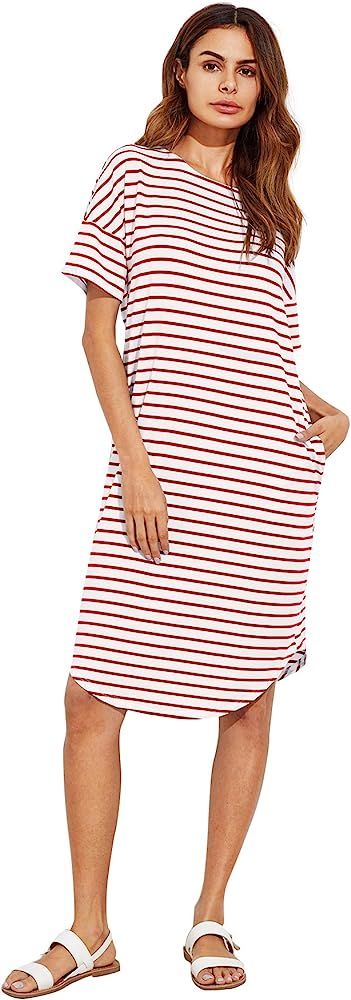 Women's Short Sleeve Drop Shoulder Pocket Stripe T Shirt Dress | Amazon (US)