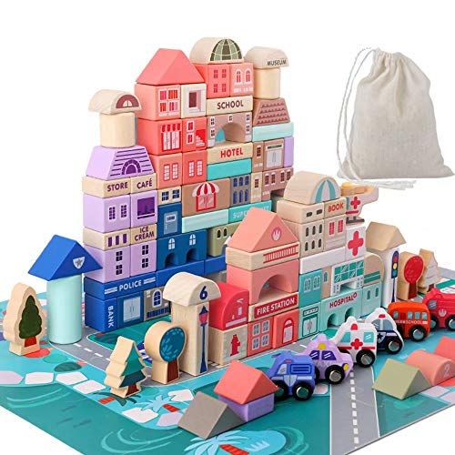 Wooden Building Blocks Set , City Construction Stacker Stacking Preschool Learning Educational Toys  | Amazon (US)