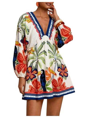 RoseSeek Women's Boho Floral V Neck Mini Dress Bishop Sleeve Tropical Dress | Amazon (US)