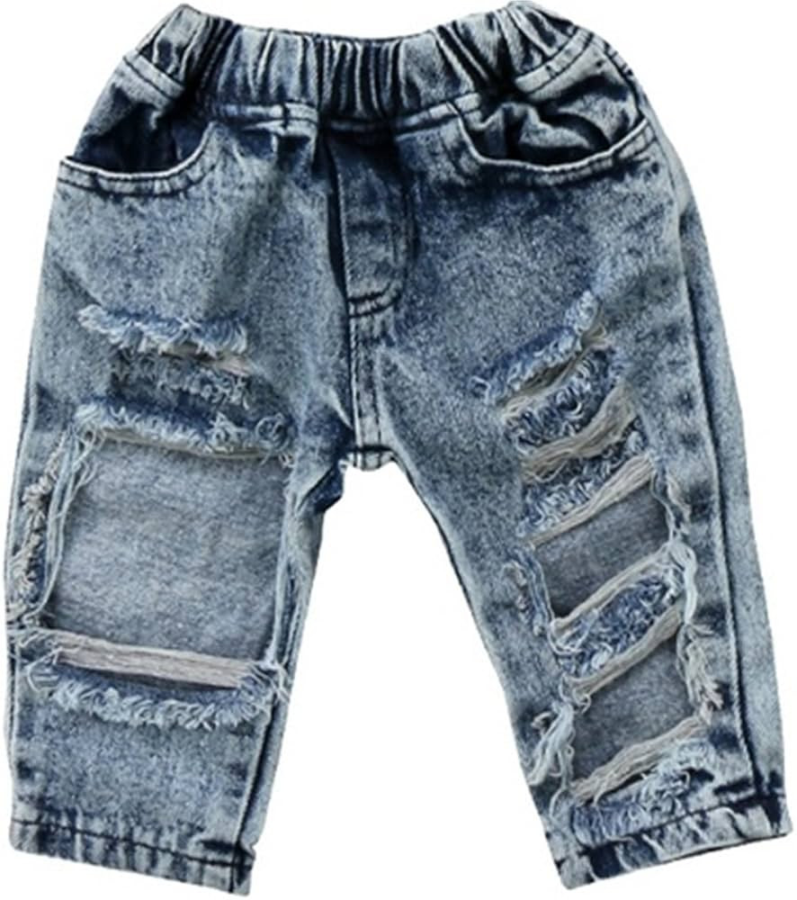 FriBabyfat Toddler Newborn Baby Boys Girls Causal Elastic Waist Destroyed Ripped Jeans Pants | Amazon (US)