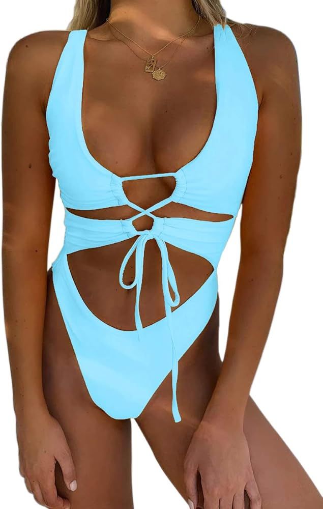 CHYRII Women's Sexy Cutout Lace Up Backless High Cut One Piece Swimsuit Monokini | Amazon (US)