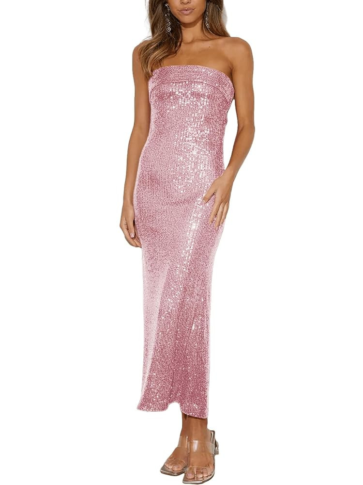 Women Strapless midi Sequin Dresses Bodycon Sleeveless Wedding Guest Sparkly Glitter Formal Cockt... | Amazon (US)