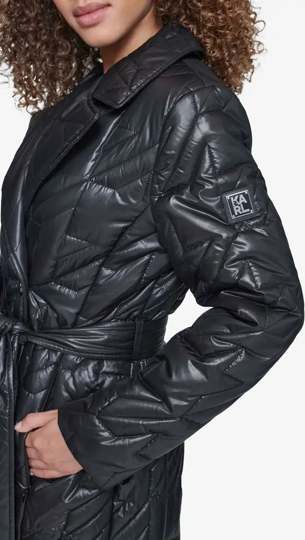 KARL LAGERFELD PARIS Houndstooth Quilted Tie Belt Double Breasted Trench Coat | Nordstrom | Nordstrom