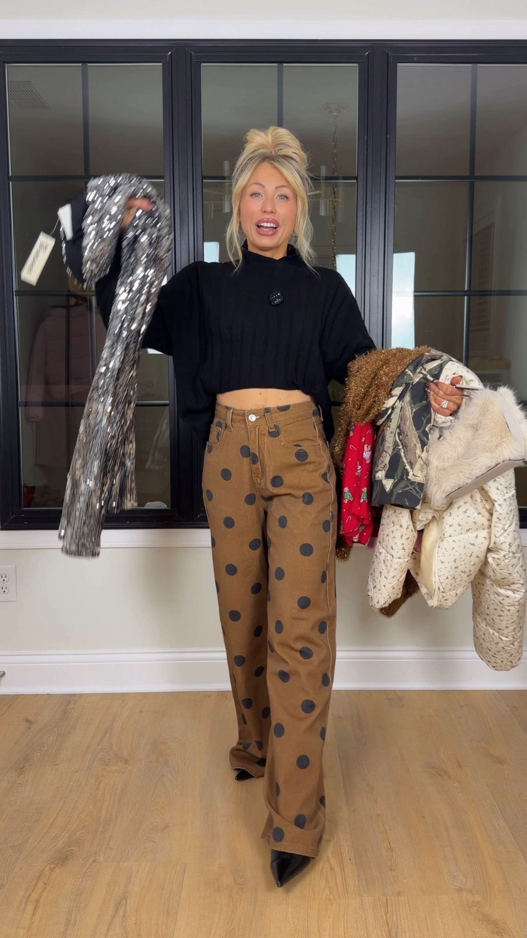 Polkadot denim - 2
Turtleneck - m
Velvet blazer - m
Velvet top - XS
Velvet skort- Xs
Velvet pants -XS
Plaid set -   XS 
Navy bow - s
Red PJs - XS
$20 Puffer jacket - m
Camo hoodie - s
Camo sweatpants - XS
Sequin pants - XS 
Rhinestone tshirt - s


#LTKFindsUnder50 #LTKStyleTip #LTKHoliday