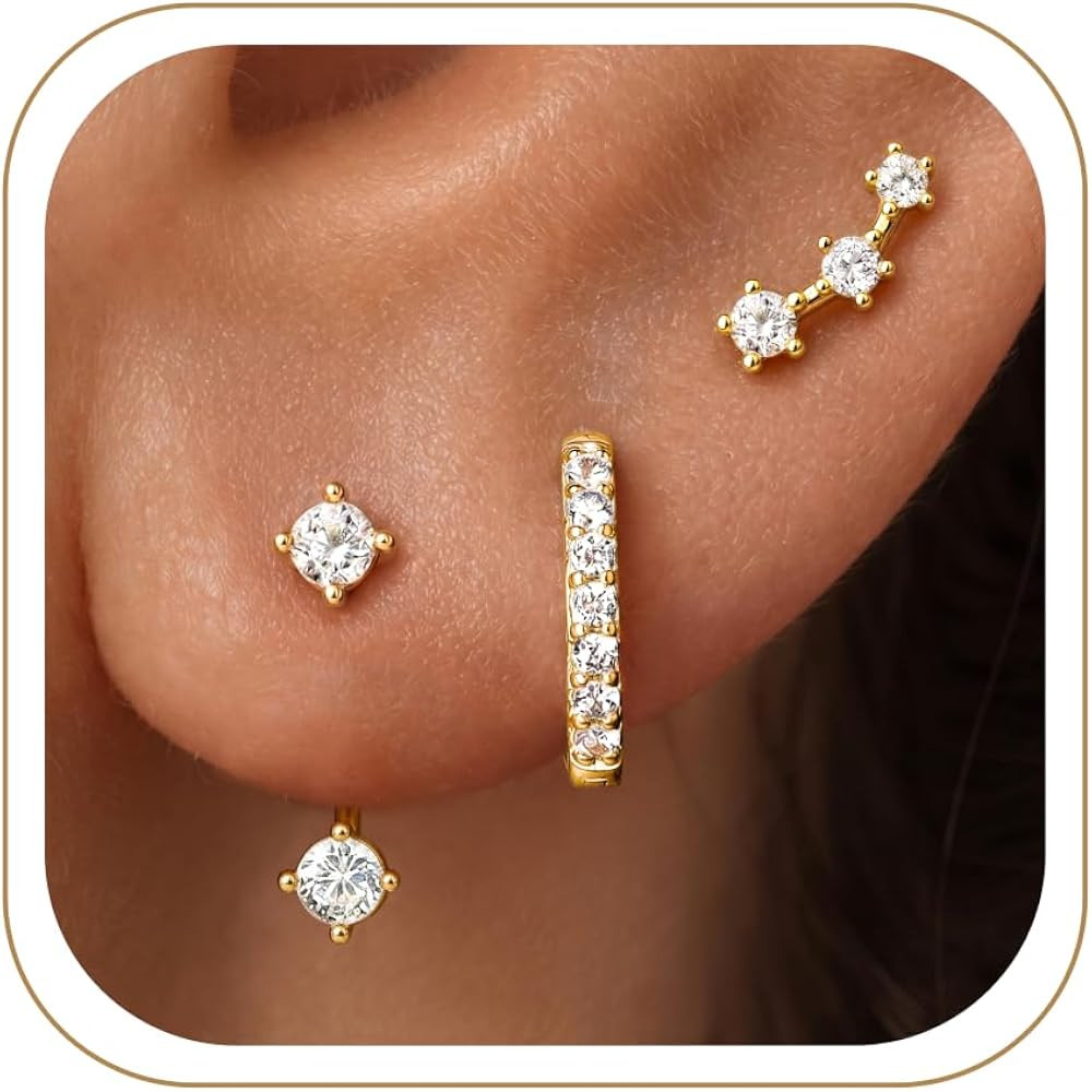 3 Pairs Dainty Small Earrings Set for Women Trendy, Birthstone Stud Huggie Hoop Jacket Stack for ... | Amazon (US)