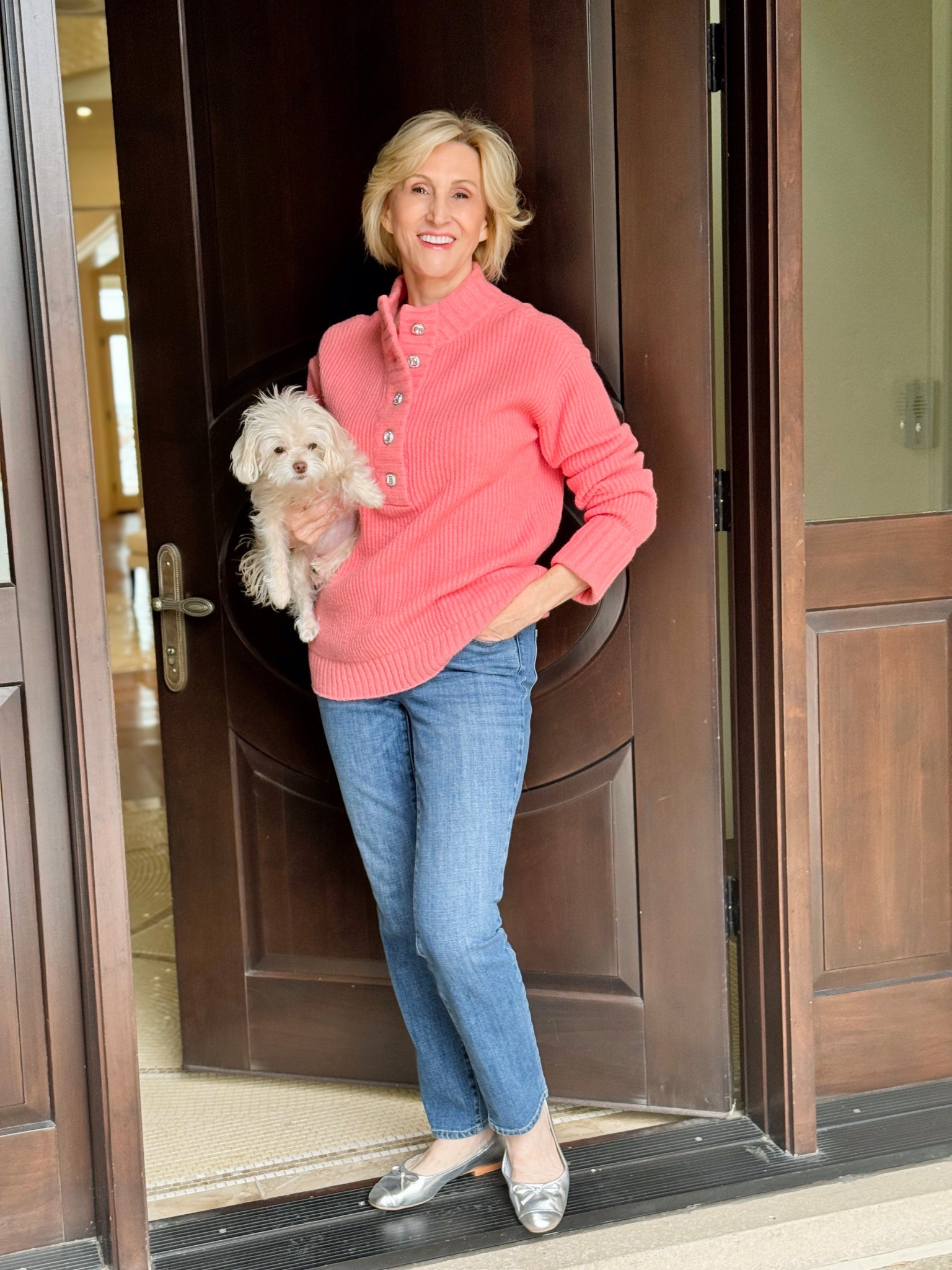 Soft peach hues, a little sparkle in the details and my favourite kind of everyday ease ✨🍑
This jewel-button sweater from Talbots is one of those feel-good pieces that instantly lifts a classic denim moment. Paired with trusty jeans and silver ballet flats for just the right touch of shine—effortless, comfortable and quietly polished.

#LTKOver40 #LTKgrwm #LTKSeasonal