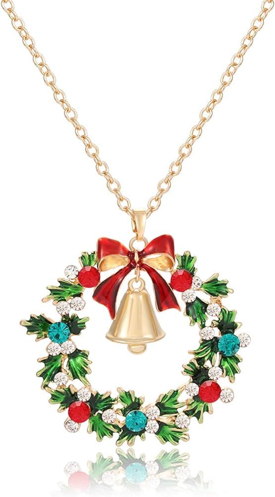 YAHPERN Christmas Necklaces for Women Glitzy Rhinestone Xmas Wreath Bell Pendant Necklace Holiday... | Amazon (US)