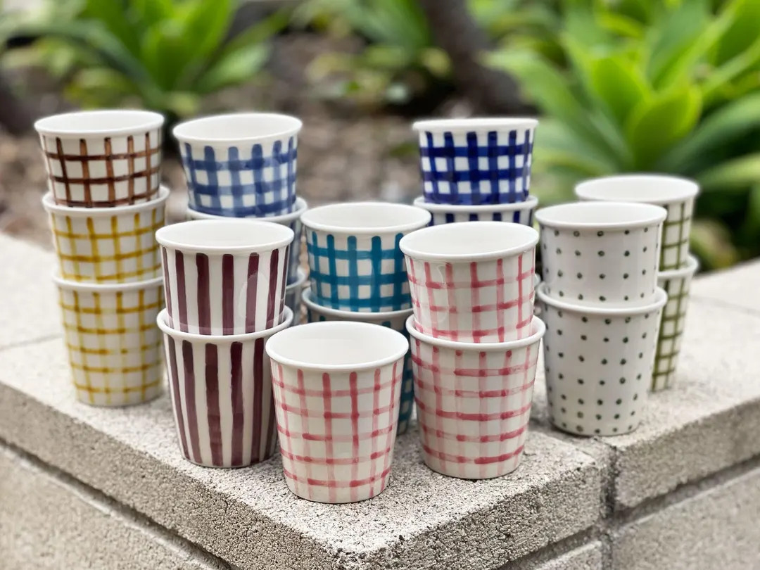 Hand-painted Ceramic "paper Cup" Mug: Gingham, Stripes & Dots - Etsy | Etsy (US)