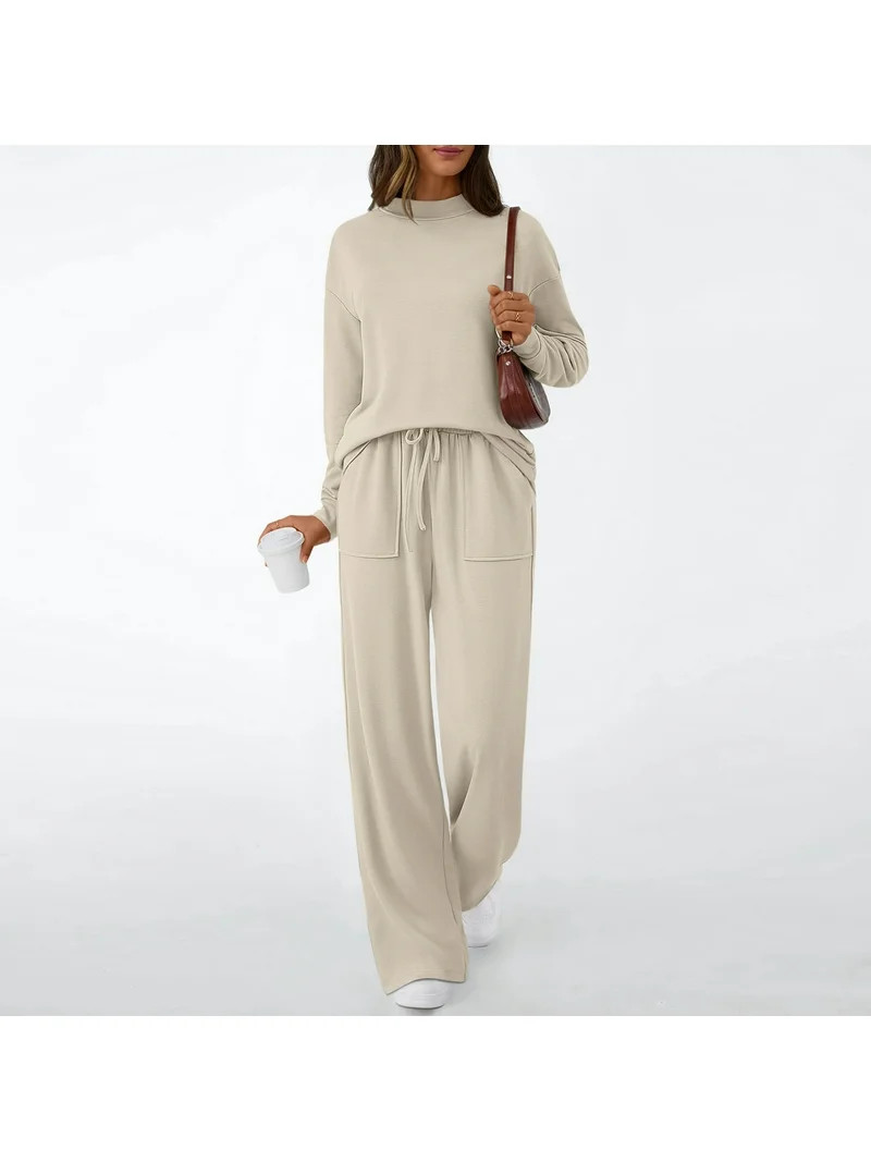 SUNBS Two Piece Sets for Women Fall Outfits Lounge Sets Mock Neck Tops Wide Leg Pants Vacation Tr... | Walmart (US)